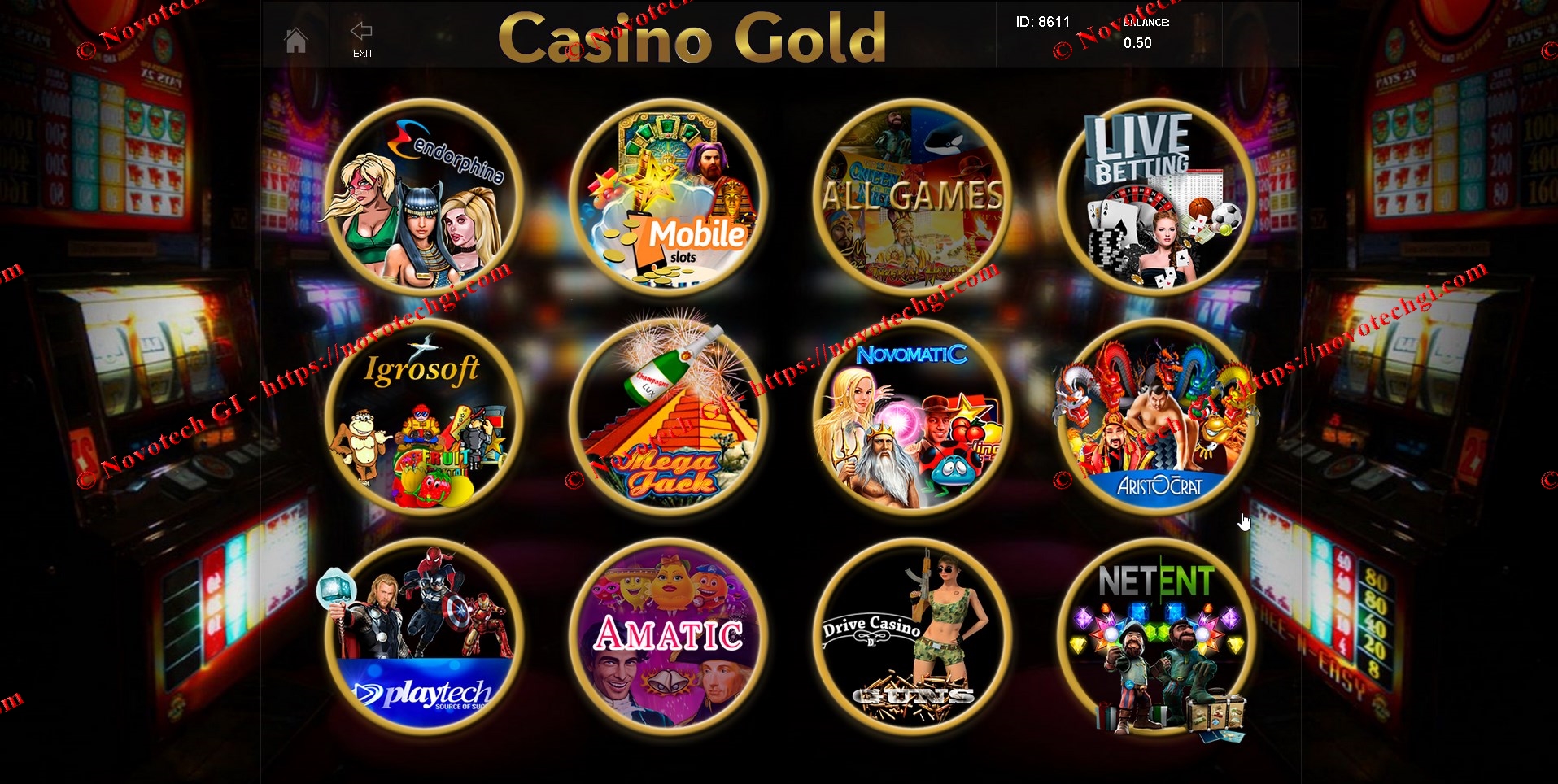 Система Casino GOLD, собрала внутри себя оригинальные игры: Novomatic, Aristocrat, PlayTech, NetEnt, Igrosoft, GreenBet, GoldenRace, LiveDealers, Onebet, BetStore